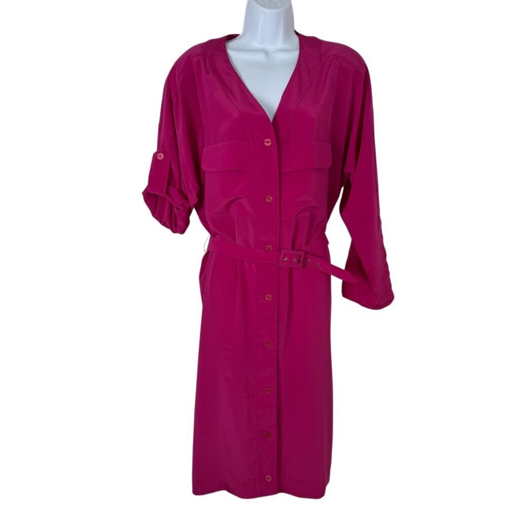 Hana Sung Bright Pink Shirt Dress Sz 12 Belted Hemmed 3/4 Sleeve Vintage Career